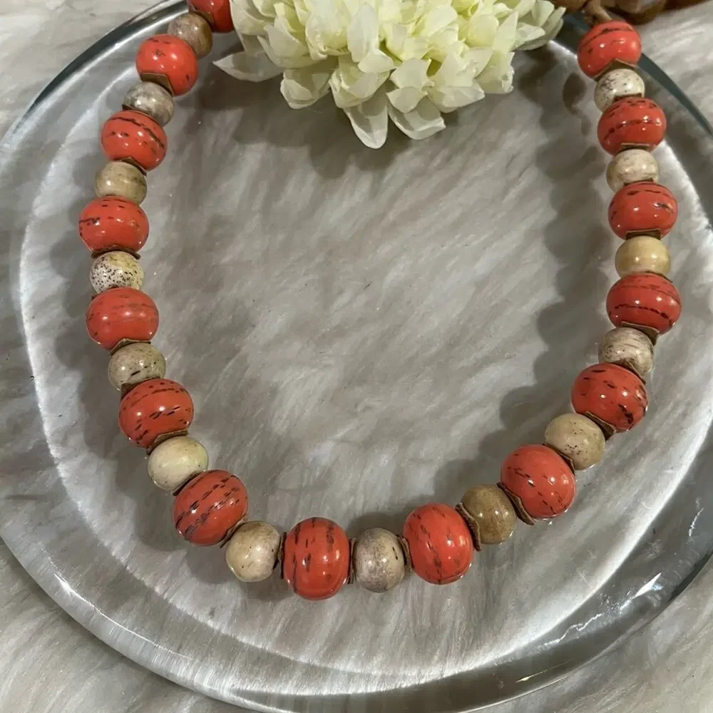 NEW Sundance Vintage Bohemian Glazed Stone Suede Coral Sunset Statement Necklace